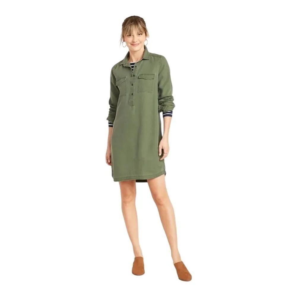 Old Navy Faded Twill Button Front Shirt Dress Moss Green Large NWOT